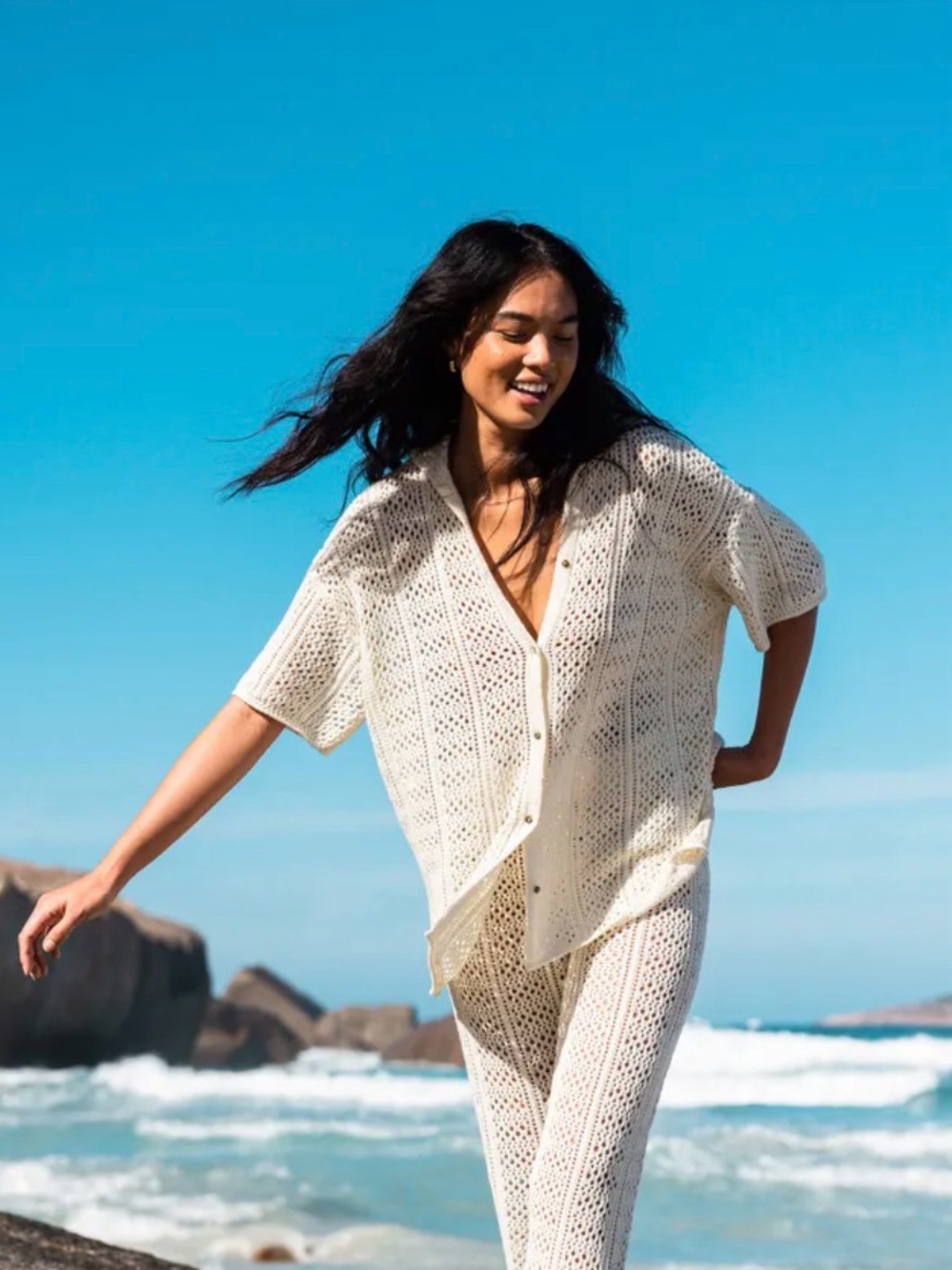 Cream Crochet Button-Up Top